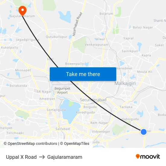 Uppal X Road to Gajularamaram map