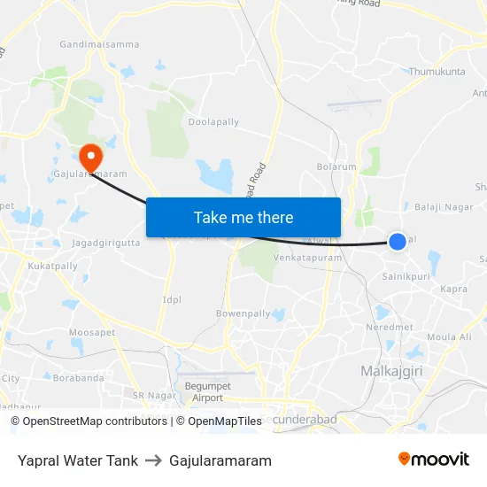 Yapral Water Tank to Gajularamaram map