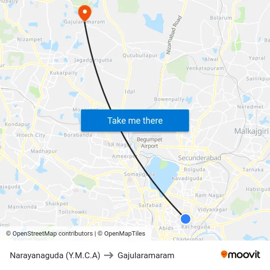 Narayanaguda (Y.M.C.A) to Gajularamaram map
