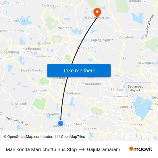 Manikonda Marrichettu Bus Stop to Gajularamaram map