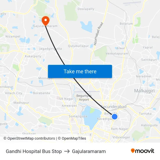 Gandhi Hospital Bus Stop to Gajularamaram map