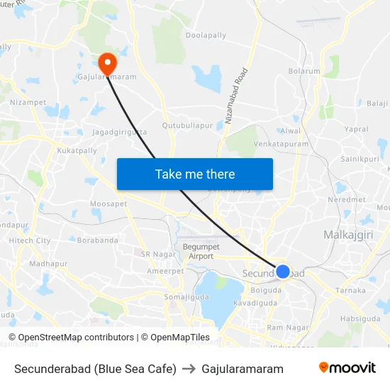 Secunderabad (Blue Sea Cafe) to Gajularamaram map