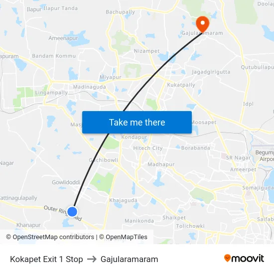 Kokapet Exit 1 Stop to Gajularamaram map