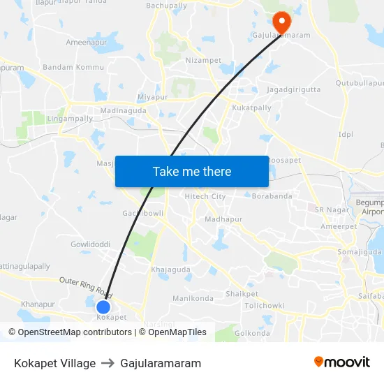 Kokapet Village to Gajularamaram map