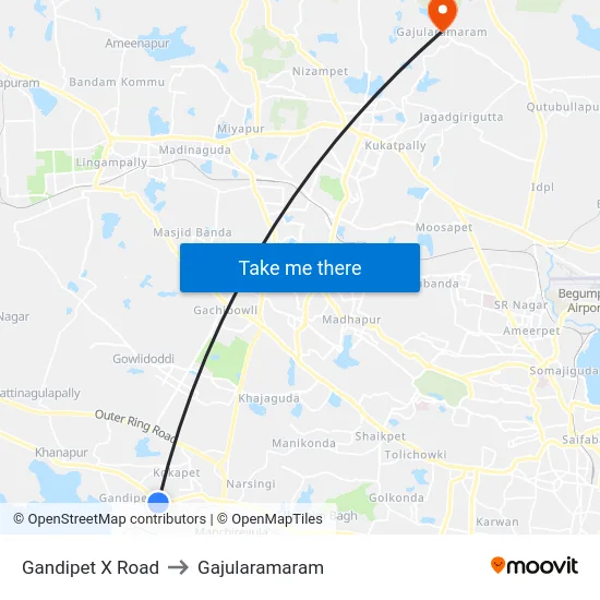 Gandipet X Road to Gajularamaram map