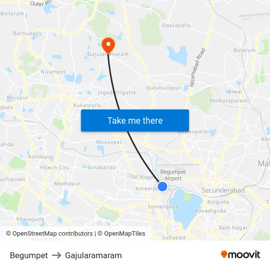 Begumpet to Gajularamaram map