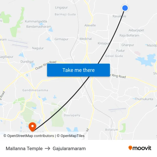 Mallanna Temple to Gajularamaram map