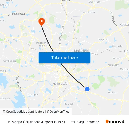 L.B.Nagar (Pushpak Airport Bus Stop) to Gajularamaram map