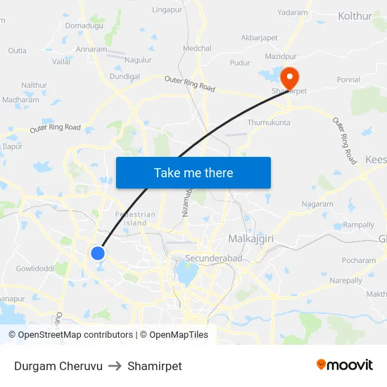 Durgam Cheruvu to Shamirpet map