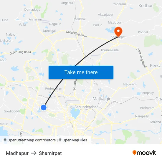 Madhapur to Shamirpet map