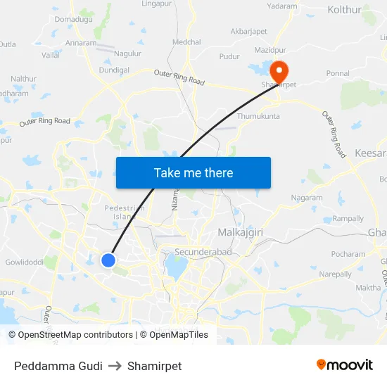 Peddamma Gudi to Shamirpet map