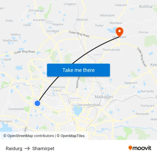 Raidurg to Shamirpet map