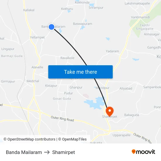 Banda Mailaram to Shamirpet map