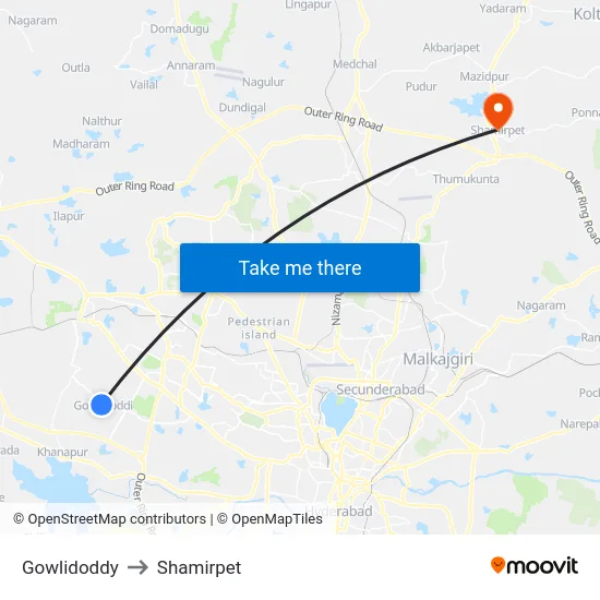 Gowlidoddy to Shamirpet map