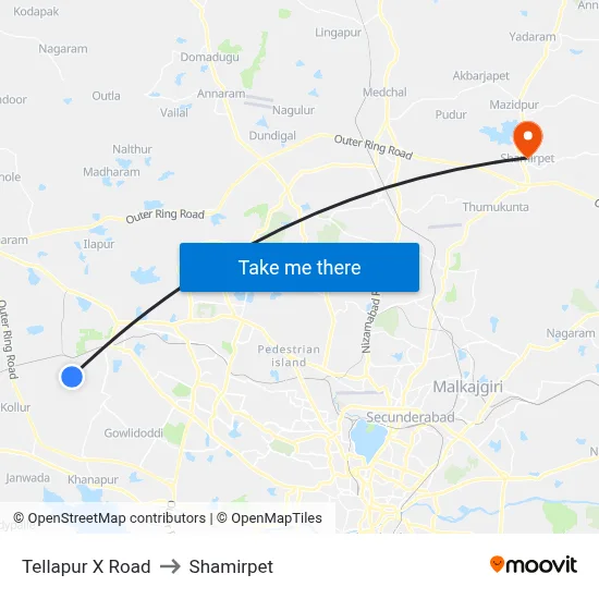 Tellapur X Road to Shamirpet map