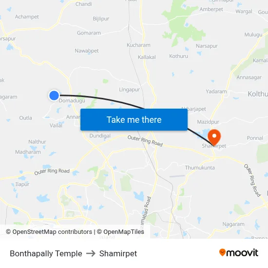 Bonthapally Temple to Shamirpet map