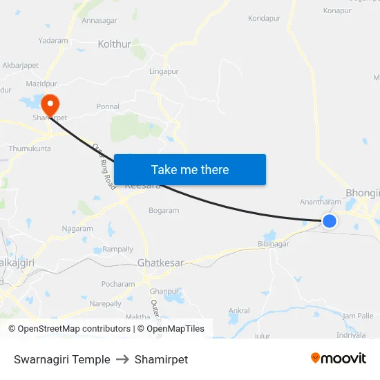 Swarnagiri Temple to Shamirpet map