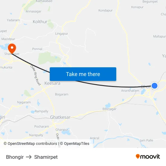 Bhongir to Shamirpet map