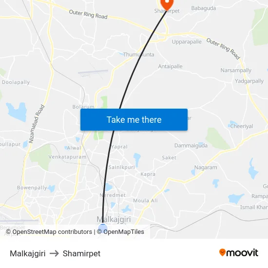 Malkajgiri to Shamirpet map