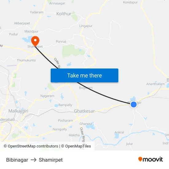 Bibinagar to Shamirpet map