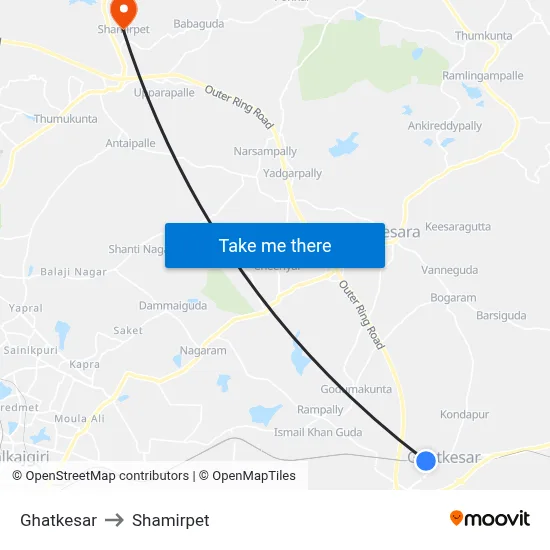 Ghatkesar to Shamirpet map