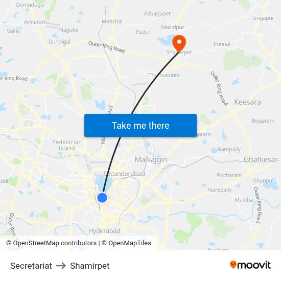 Secretariat to Shamirpet map
