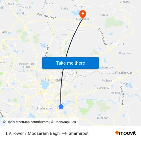 T.V.Tower / Moosaram Bagh to Shamirpet map