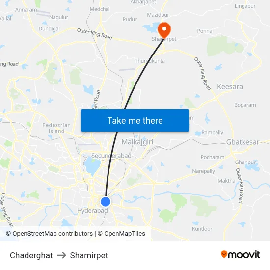 Chaderghat to Shamirpet map