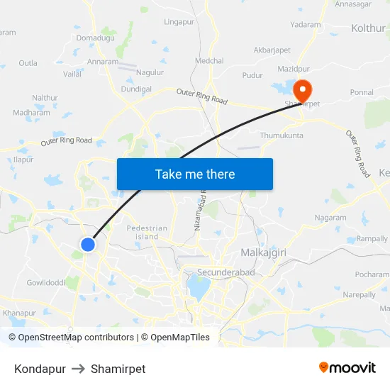 Kondapur to Shamirpet map