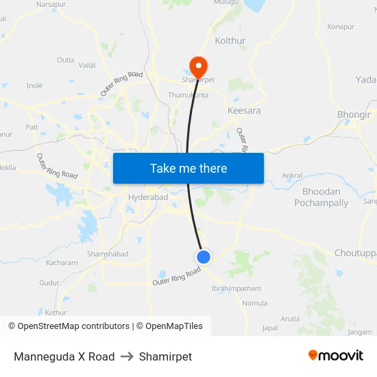 Manneguda X Road to Shamirpet map