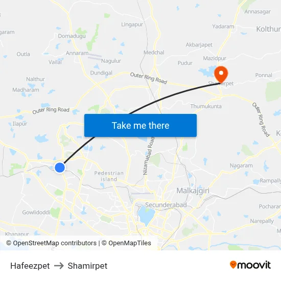 Hafeezpet to Shamirpet map