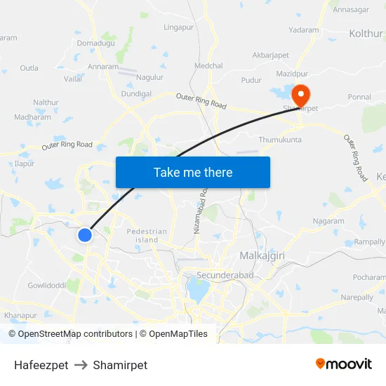 Hafeezpet to Shamirpet map