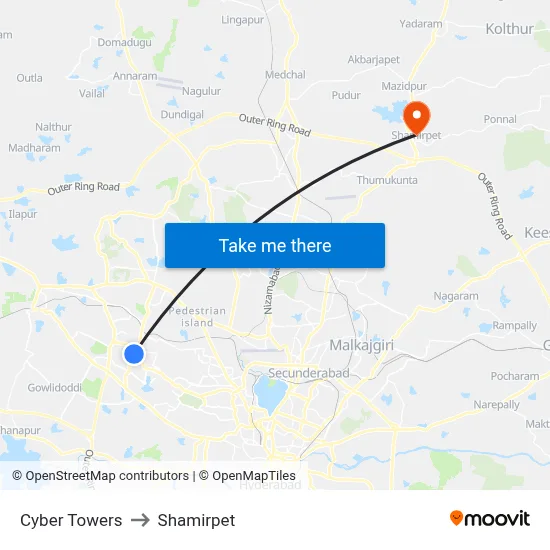 Cyber Towers to Shamirpet map
