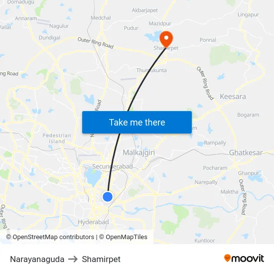 Narayanaguda to Shamirpet map