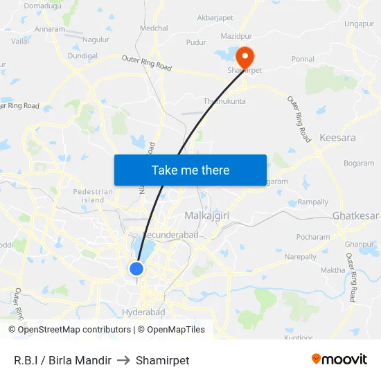 R.B.I / Birla Mandir to Shamirpet map