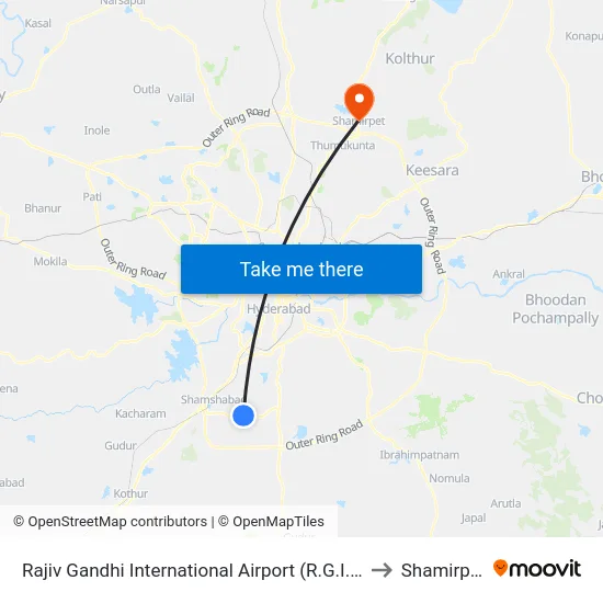 Rajiv Gandhi International Airport (R.G.I.A) to Shamirpet map