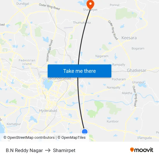B.N Reddy Nagar to Shamirpet map