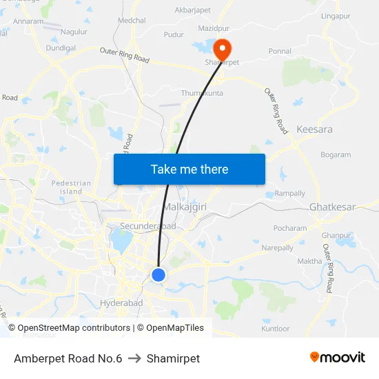 Amberpet Road No.6 to Shamirpet map