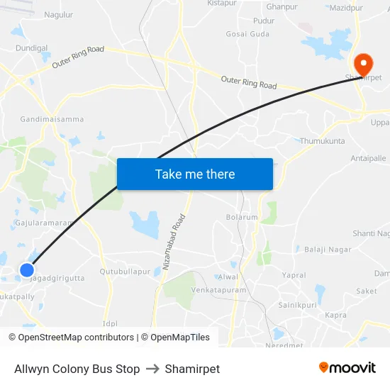 Allwyn Colony Bus Stop to Shamirpet map