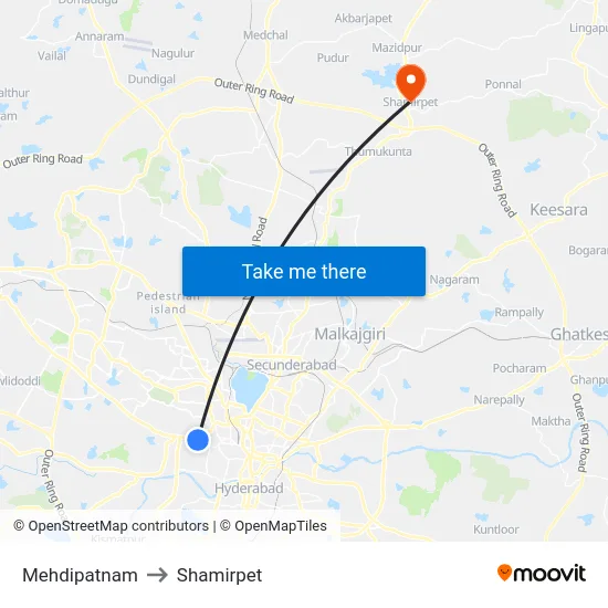 Mehdipatnam to Shamirpet map