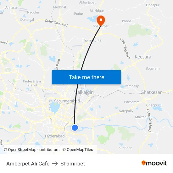 Amberpet Ali Cafe to Shamirpet map