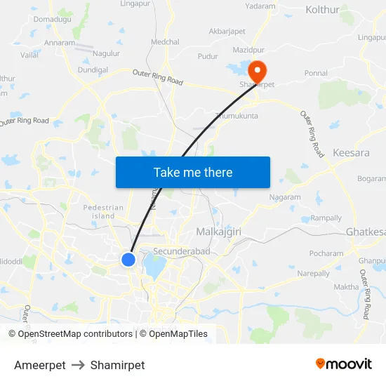Ameerpet to Shamirpet map