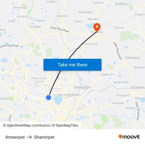 Ameerpet to Shamirpet map