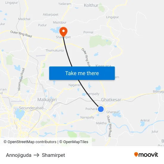 Annojiguda to Shamirpet map