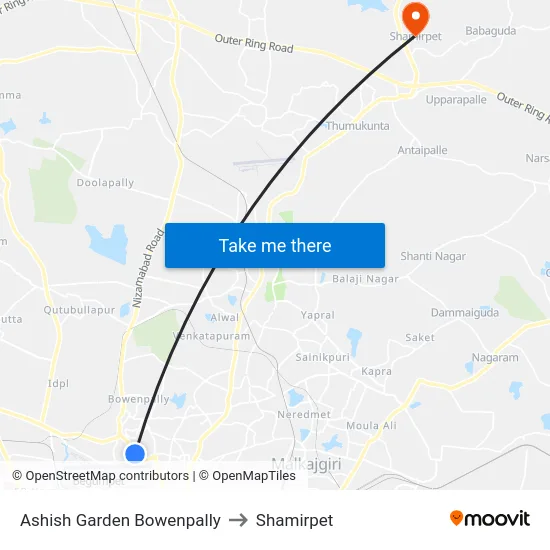 Ashish Garden Bowenpally to Shamirpet map