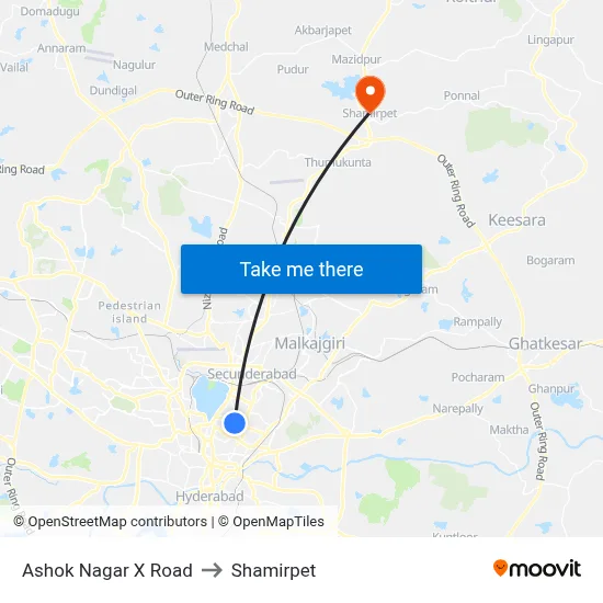 Ashok Nagar X Road to Shamirpet map