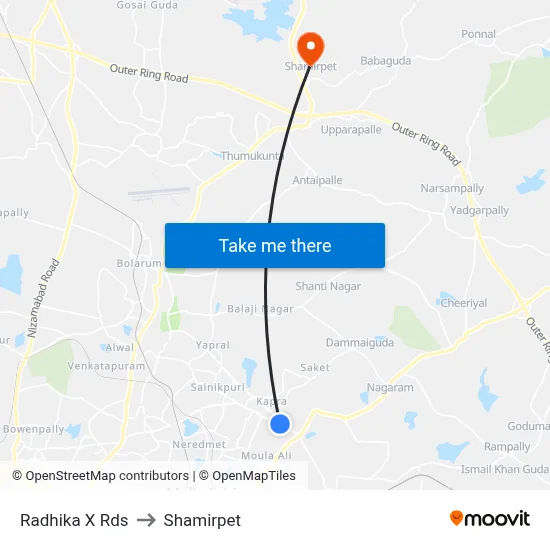 Radhika X Rds to Shamirpet map