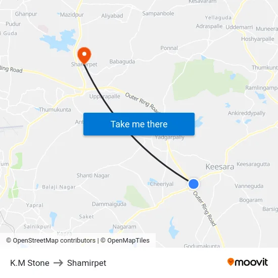 K.M Stone to Shamirpet map
