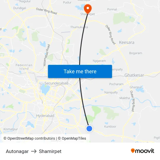 Autonagar to Shamirpet map
