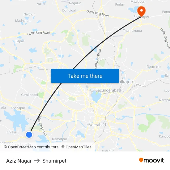 Aziz Nagar to Shamirpet map